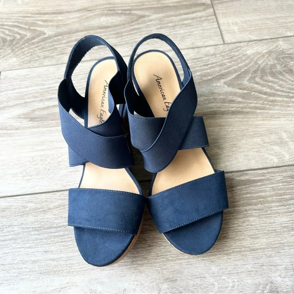 American Eagle Ryan Blue Cork Wedge Sandals - Picture 1 of 13